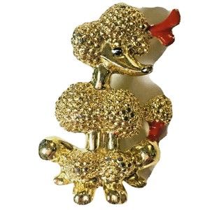 French Poodle Pin Brooch Dog Goldtone Red Enamel Bow Vintage 1950s